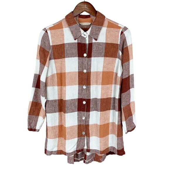 Soft Surroundings Tops - Soft Surroundings Carreaux Shirt Button Front Plaid Linen Blend Zipper Women’s M